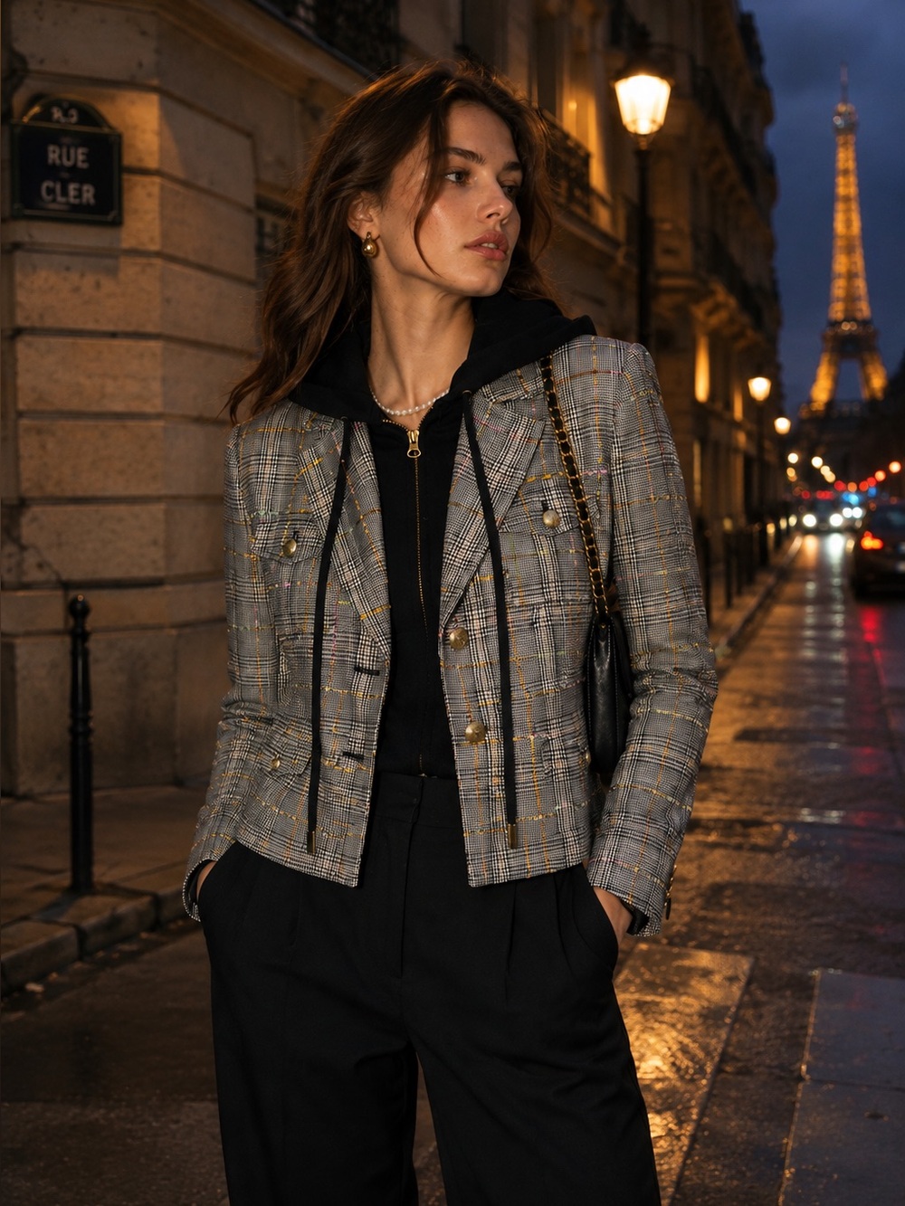 BY ANTHROPOLOGIE Eclectic Gray Tweed Plaid Luxury Zip-Out Hooded Blazer, XS